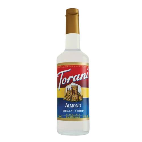 Torani Almond flavor syrup made with almonds and sugar.