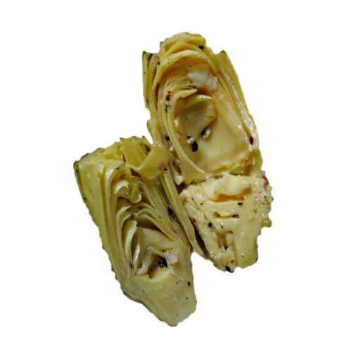 Marinated artichoke hearts and cleaned and pickled in a brine with vinegar and salt with herb and spices.