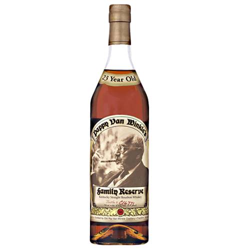 Pappy Van Winkles old kentucky straight bourbon with this 23 year old bourbon made by pappys grandson julian III and tantalizing to both the nose and palate this kentucky straight has a smooth nature with sherry notes dehydrated fruits and vanilla.