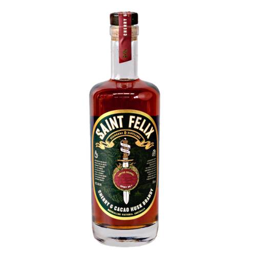 Saint Felix brandy is a decadent union of black cherries macerated in six year old brandy and double distilled cacao husk grape spirit rested in shiraz oak casks.