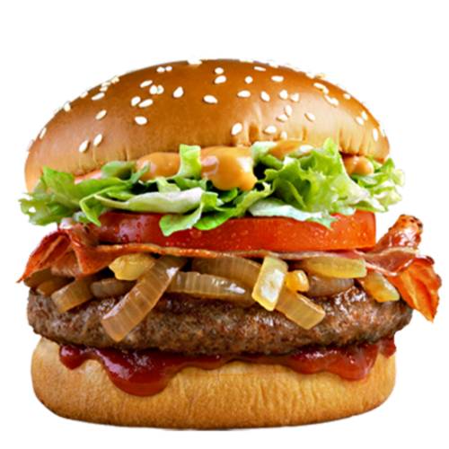 Beef burger made with a thick grilled beef paddy topped with fried brown onions and slice of tomato and lettuce and tomato sauce.