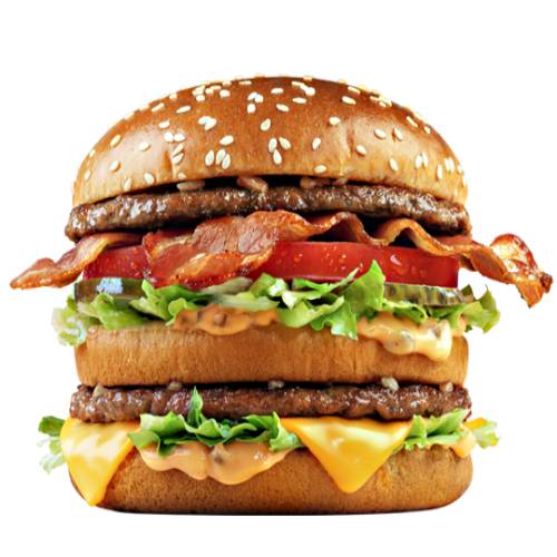 Big Mac Double BLT Burger with two beef patties and crisp bacon and iceberg lettuce sliced tomatos with melting signature cheese onions and pickles on a burger bun.