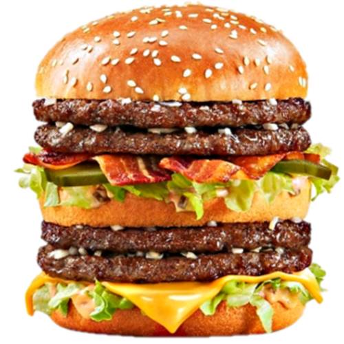 Big Mac Double Bacon Burger is made with four beef patties special sauce crisp lettuce processed cheddar cheese pickles onions and smoked bacon strips on a toasted sesame seed bun.
