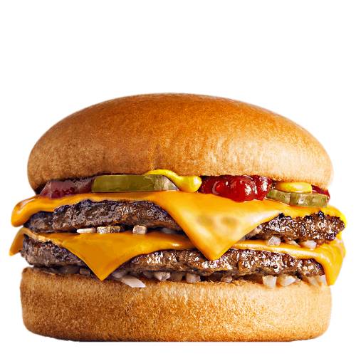 Double Cheese Burger made with two beef patties melted cheese tangy pickles mustard and sweet ketchup on a warm burger bun.