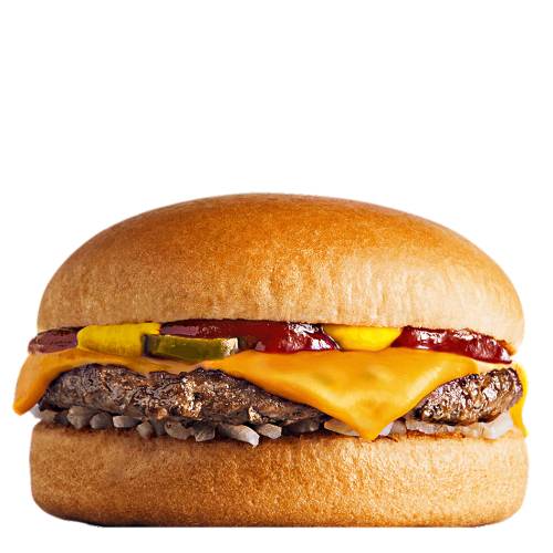 Cheese Burger made with beef onions pickle ketchup mustard and cheese all in a soft burger bun.