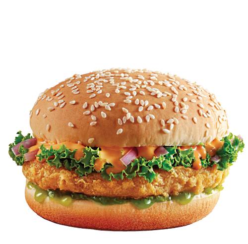 Salsa chicken burger made with tempura chicken breast and lettuce and thick salsa sauce all in between a sesame seed bun.