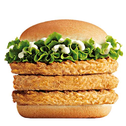 Burger Chicken Triple chicken triple burger with three chicken breast seasoned and coated in tempura and topped with sauce and lettuce between a toasted bun.