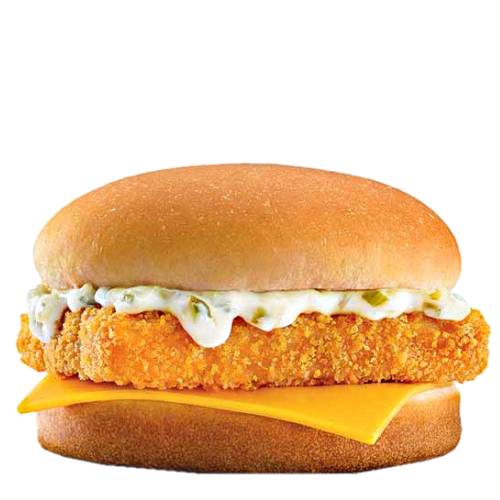 Burger Fish fish burger made with tender portions of fish and zesty tartar sauce and cheese on a warm bun.