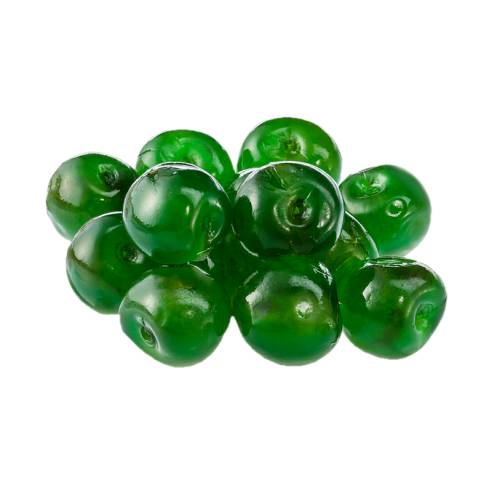 Candied Cherry Green cherries dried and candied in sugar and green in color also called crystallized green cherry or glace green cherry.