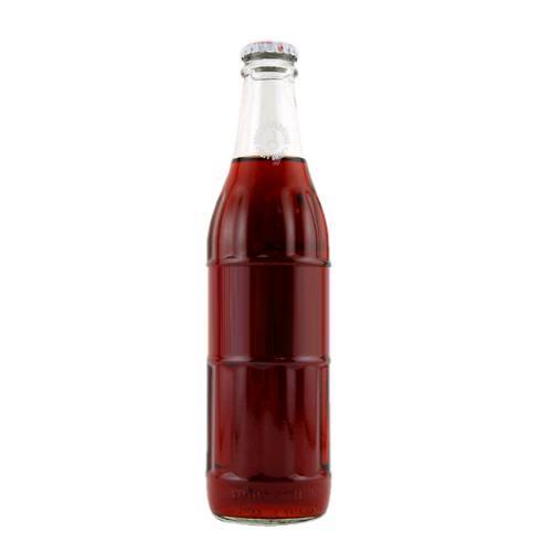 Cherry flavoured soda made with carbonated water and cherry flavour with a bright red color.