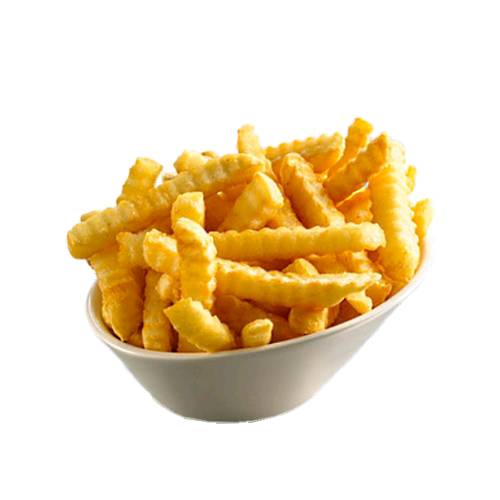 Crinkle cut potato chips are potatos cut with a ripple and come in may colors and deep dried until golden brown.