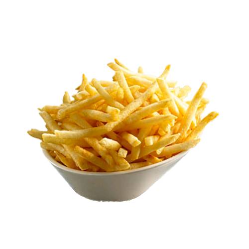 Shoestring potato chips or French fries or finger chips a long skinny style crispy chips that are cooked until golden and are good with everything.