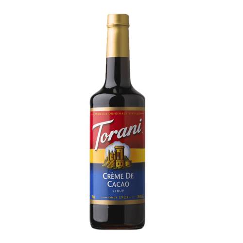 Torani chocolate syrup with full cacao flavour and dark in color.