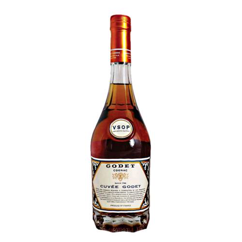 Godet VSOP Cognac with dry oaky and floral notes and hints of fruits spices and honey.