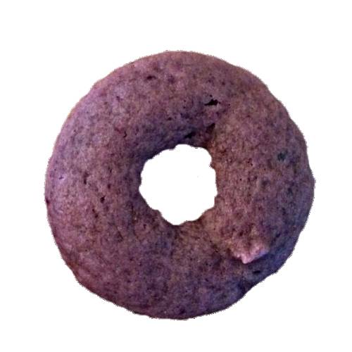 Blackberry doughnut made with donut dough mixed with a rich blackberry pulp then cooked into a ring.