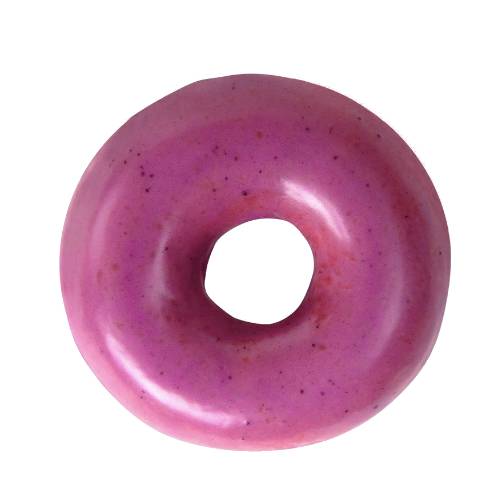 Mulberry doughnut made with leavened mulberry dough and top coated with a bright purple mulberry glaze.