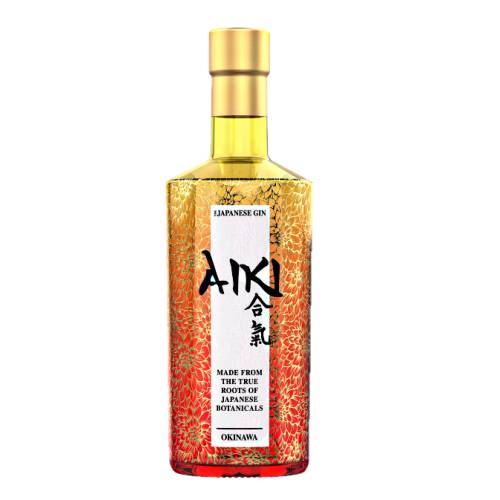 Aiki gin from okinawa japanese is distilled and blended and specially with botanicals such as yuzu orange peel angelica pepper black pepper lemon peel coriander seeds goya long pepper.