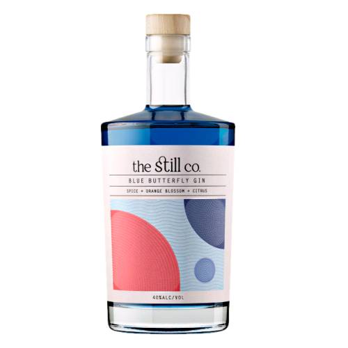 The Still butterfly pea gin with orange blossom and juniper berries bright and lifted with citrus and spice blue butterfly pea flower colour.