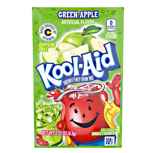 Apple Kool Aid powder with rich apple flavoured and strong green color.