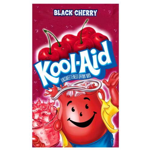 Black Cherry Kool Aid powder with rich cherry style flavour and dark red color.