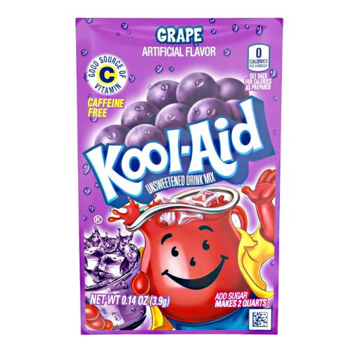 Grape flavoured Kool Aid powder is sold in powder form in either packets or small tubs best served with ice or refrigerated and served chilled.