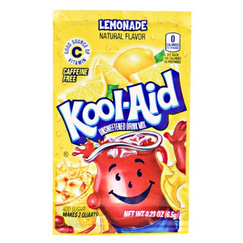 Lemonade Kool Aid powder with tart citrus flavoured and strong yellow color.