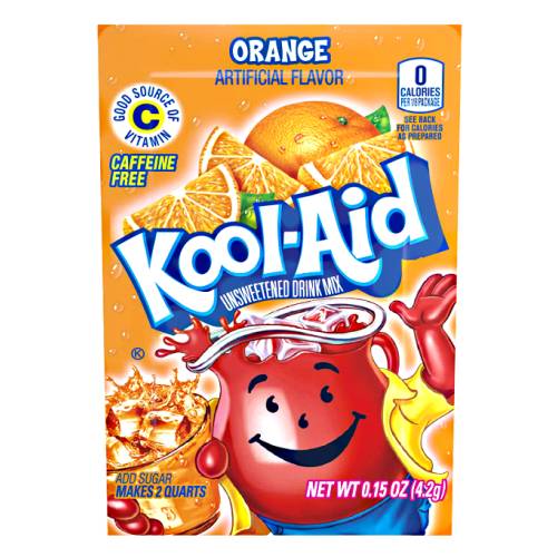 Orange flavoured Kool Aid powder is sold in powder form in either packets or small tubs best served with ice or refrigerated and served chilled.
