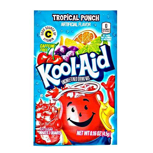 Tropical Punch Kool Aid powder with tart citrus flavoured and strong color.