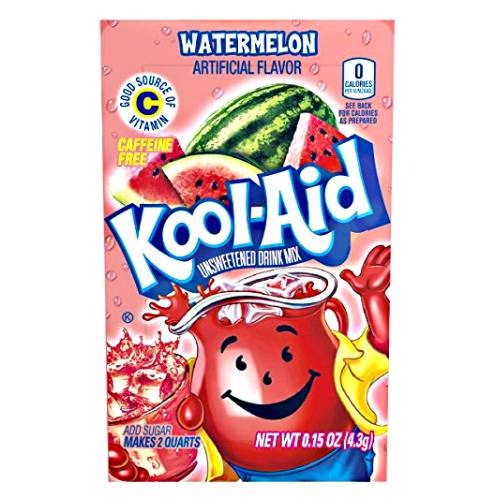 Watermelon flavoured Kool Aid powder is sold in powder form in either packets or small tubs best served with ice or refrigerated and served chilled.