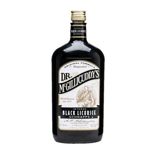 Dr McGillicuddys Intense Black Licorice Schnapps with old style flask bottle.