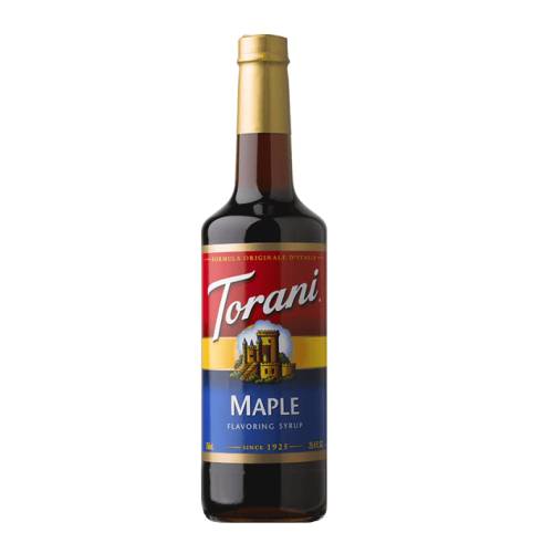 Torani maple flavor syrup with sweet maple flavour and strong brown color.