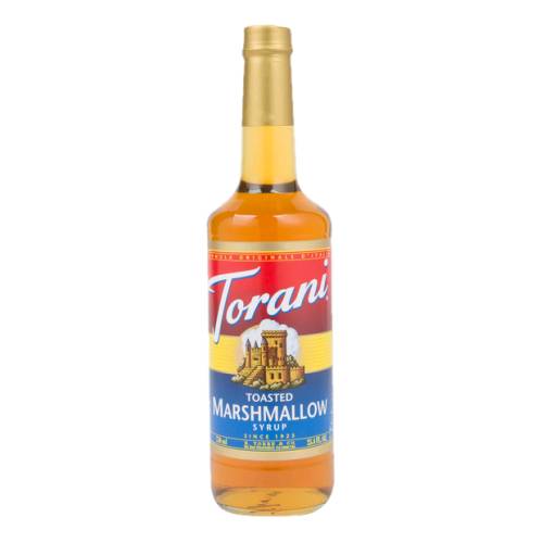 Torani marshmallow flavoured syrup with a bright and light yellow color.