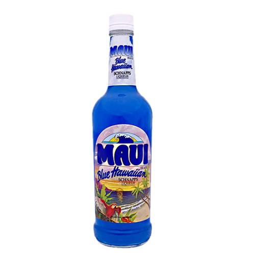 Blue maui hawaiian flavored schnapps liquer with bright blue color.