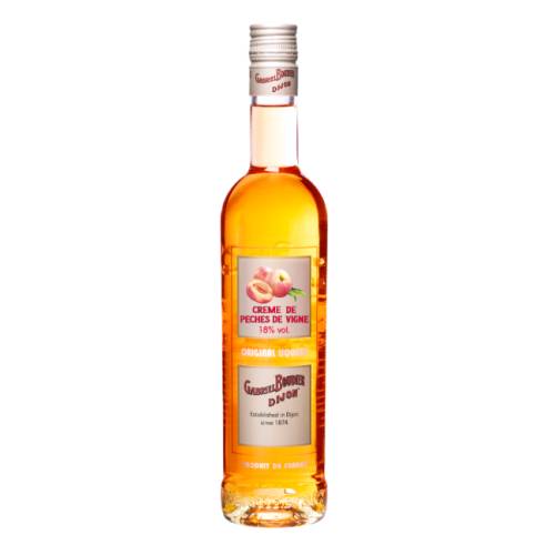 Gabriel Boudier Peach Liqueur derives from a small highly aromatic purplish white peach planted along paths leading to the vineyards.