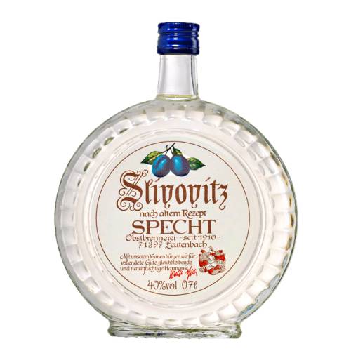 Specht slivovitz plum liqueur is a german made in the traditional fashion from plums and presented in a distinctive round pocket watch bottle.