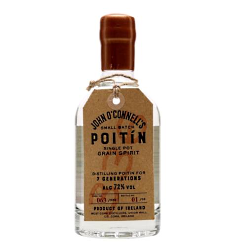John O Connells Poitin is a half bottle of poitin an Irish spirit made only with native barley sugar beet and water. Named after West Cork Distillery owner John O Connell whose family have been distilling poitin for seven generations some of which would have been illegally when the spirit was banned.