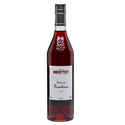 Briottet creme de framboise raspberry liqueur is made by macerating raspberries and deep red ruby color.