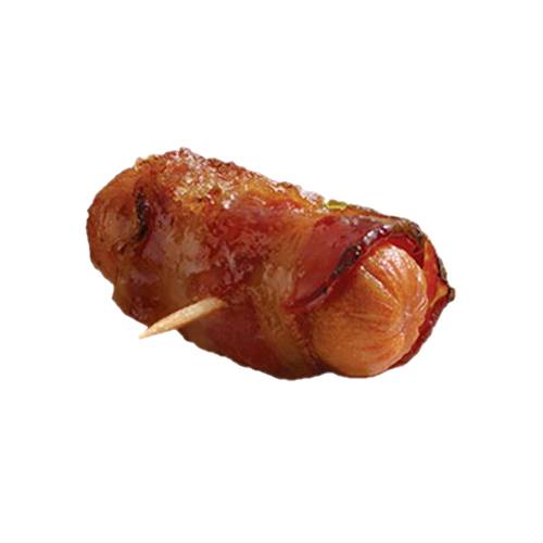 Sausage wraped in bacon and cooked until bacon is tasy crispy.