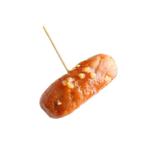 Cocktail sausage suffed with meat and peanuts and then coated with peanut sauce.
