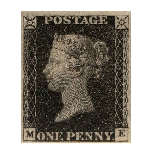 Stamp penny black features the face of queen Victoria.