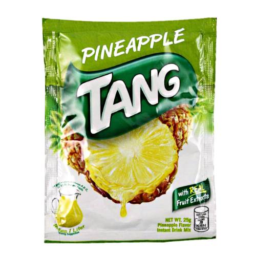 Tang Pineapple powder is yellow and color and pineapple flavoured drink powder sweetened with sugar source of vitamin C.