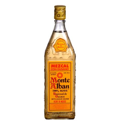 Monte Alban tequila with a light yellow to orange color.