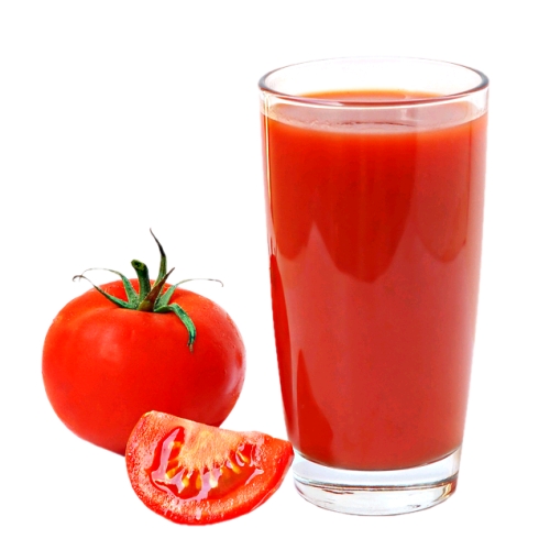 Tomato juice is a juice made from pulping and straining tomatoes and has a bright red color.
