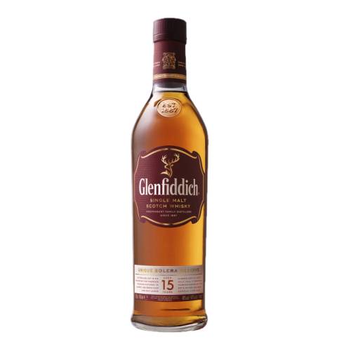 Glenfiddich 15 Year Old single malt Scotch whisky is innovatively matured in three types of oak cask and new oak before being married in thier unique handcrafted Oregon pine Solera vat.